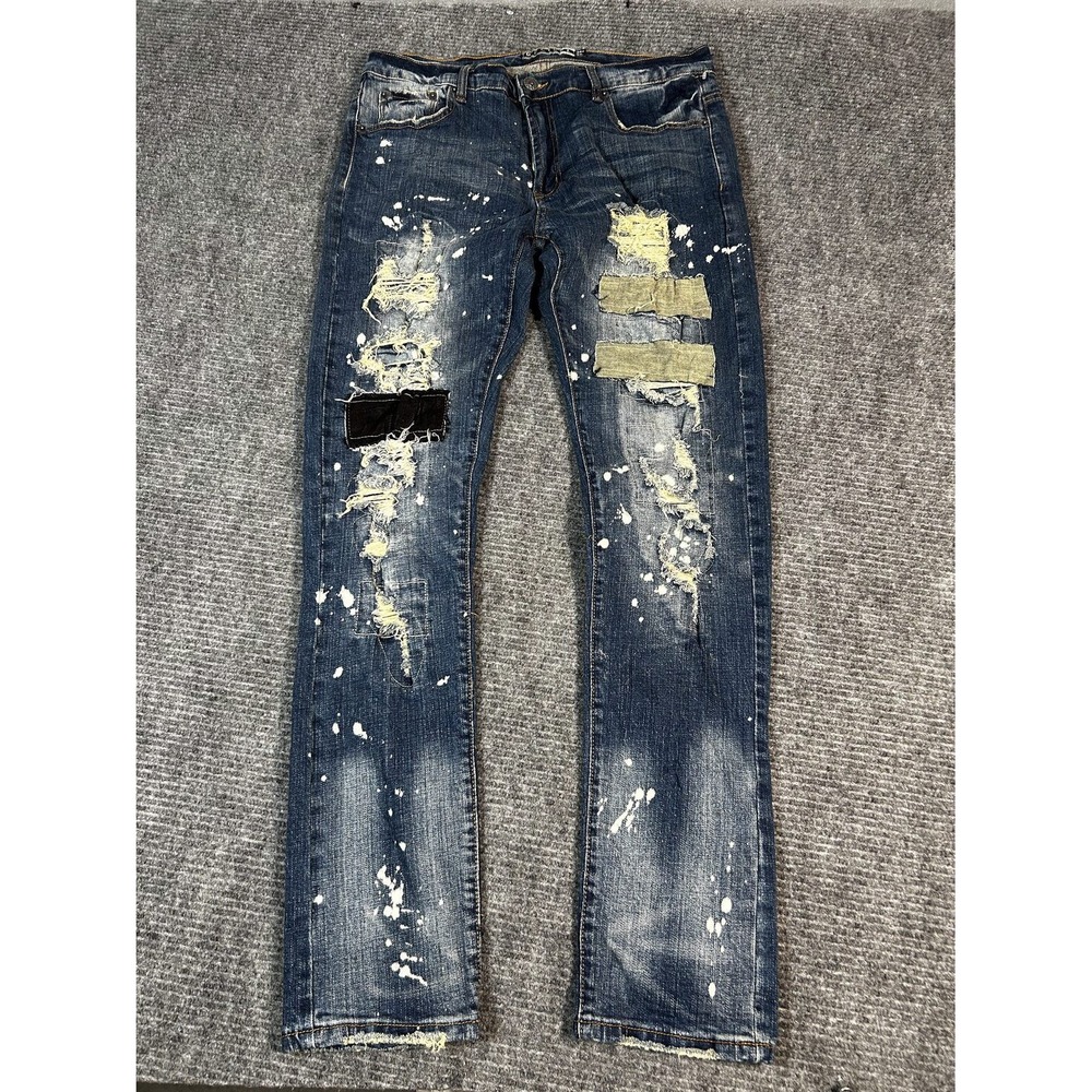 Decibel Distressed Jeans Mens 34x33 Dark Wash Excellent Paint Splatter Patched